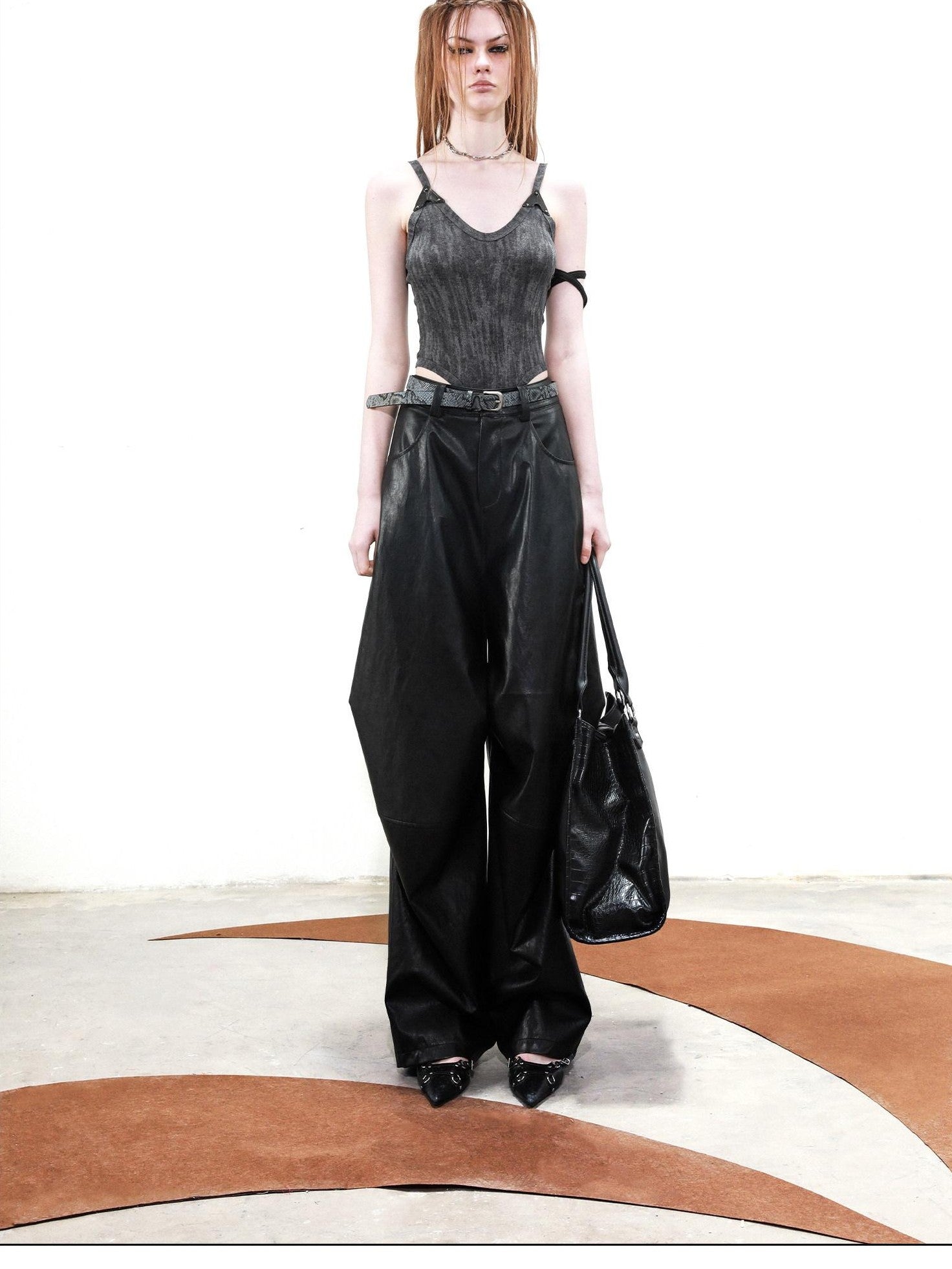 NORTH NODE Solid Spliced Leather Panel Slim Wrapped Fit Women&