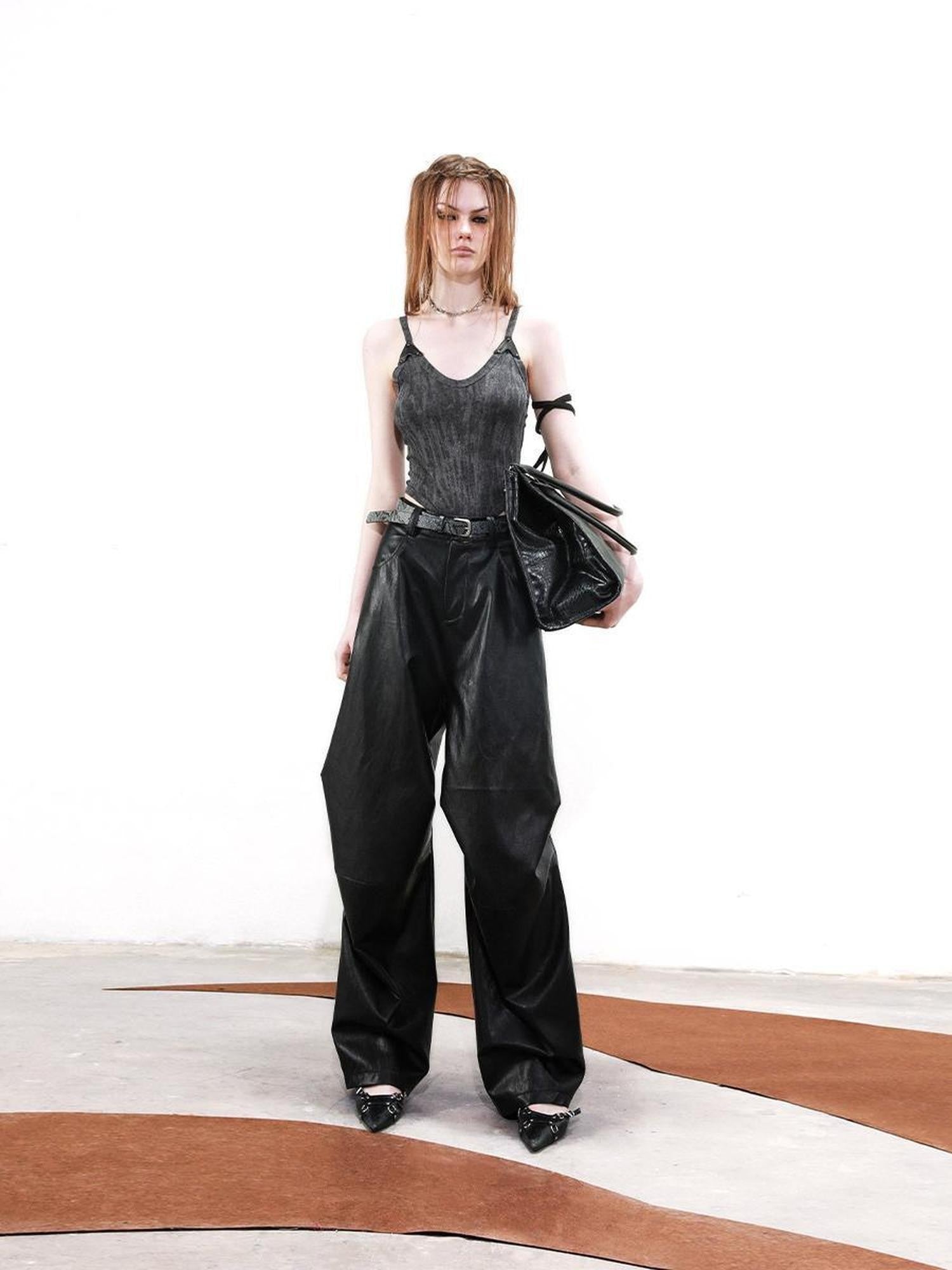 NORTH NODE Solid Spliced Leather Panel Slim Wrapped Fit Women&
