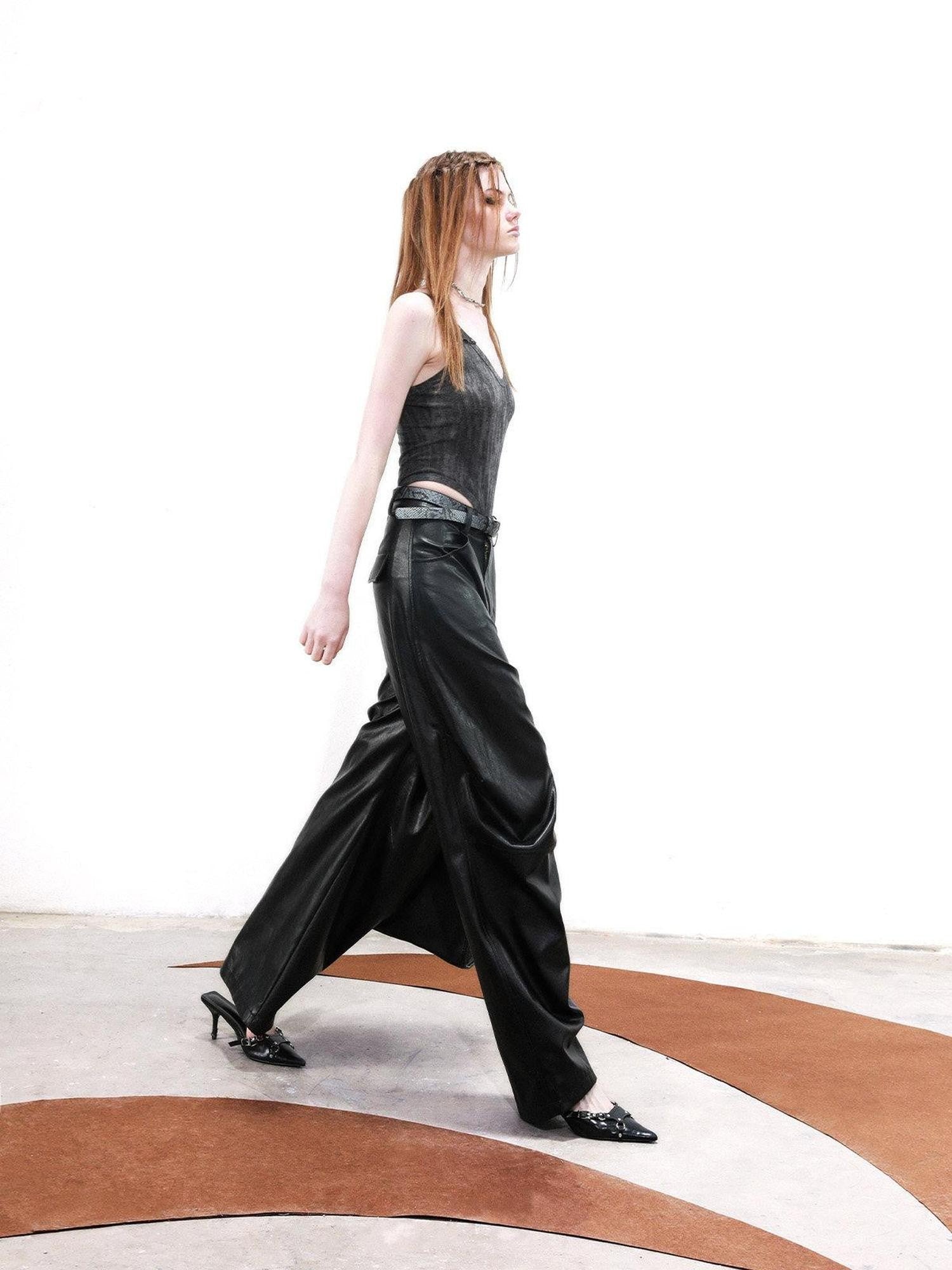 NORTH NODE Solid Spliced Leather Panel Slim Wrapped Fit Women&