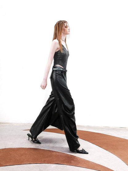 NORTH NODE Solid Spliced Leather Panel Slim Wrapped Fit Women&