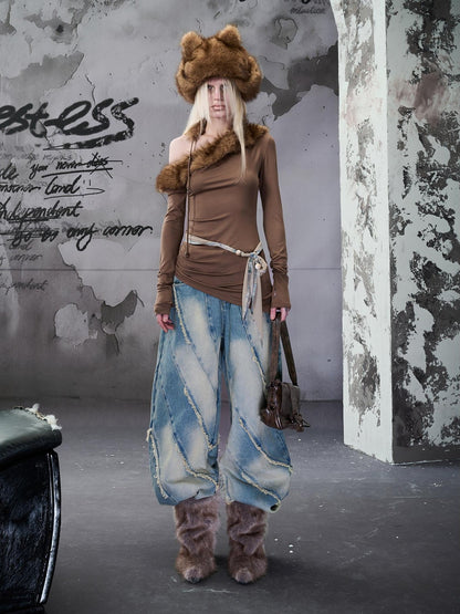NORTH NODE Spiral Cut Washed Raw Hem Pocket Women&