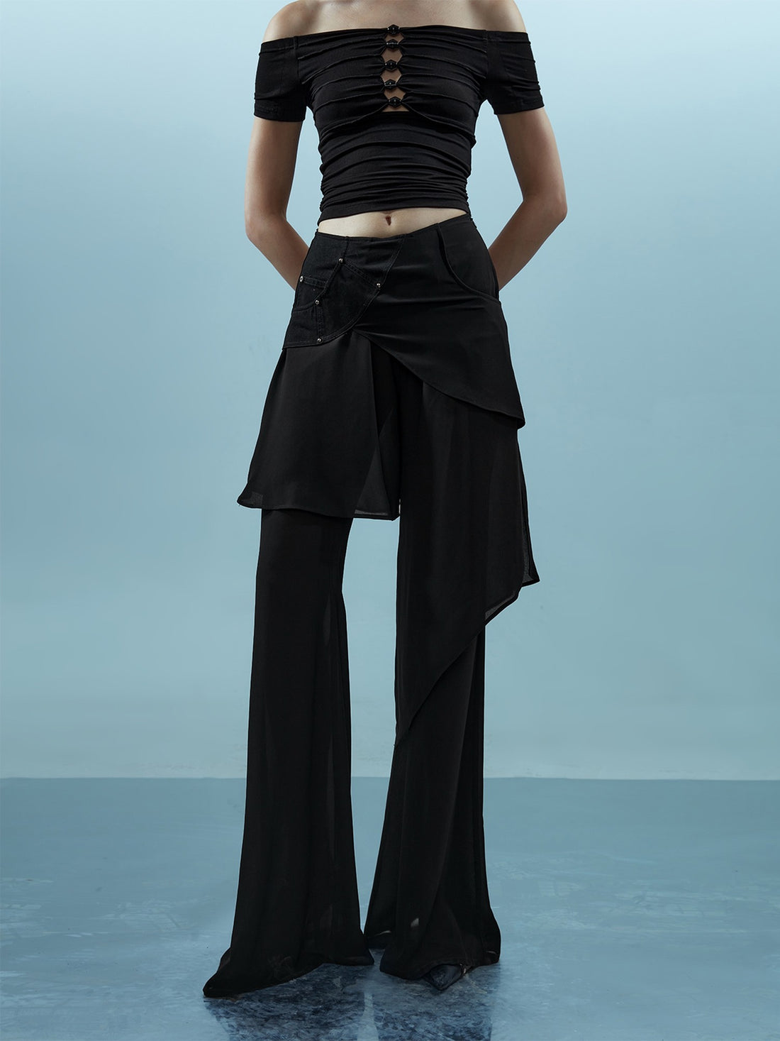 NORTH NODE Spliced Chiffon Hip Covering Slimming Pocket Micro Flare Women&