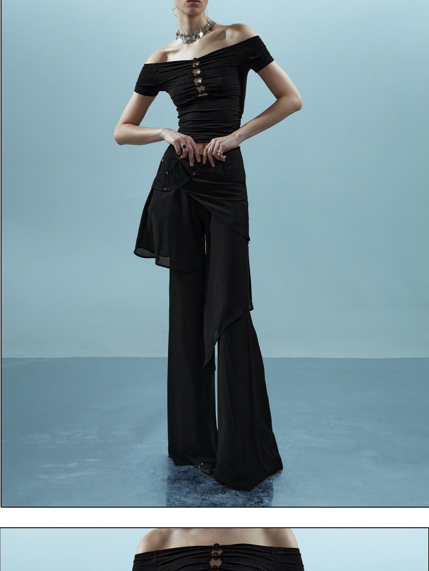NORTH NODE Spliced Chiffon Hip Covering Slimming Pocket Micro Flare Women&