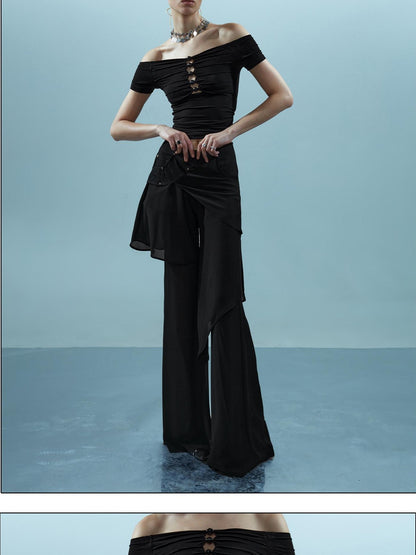NORTH NODE Spliced Chiffon Hip Covering Slimming Pocket Micro Flare Women&