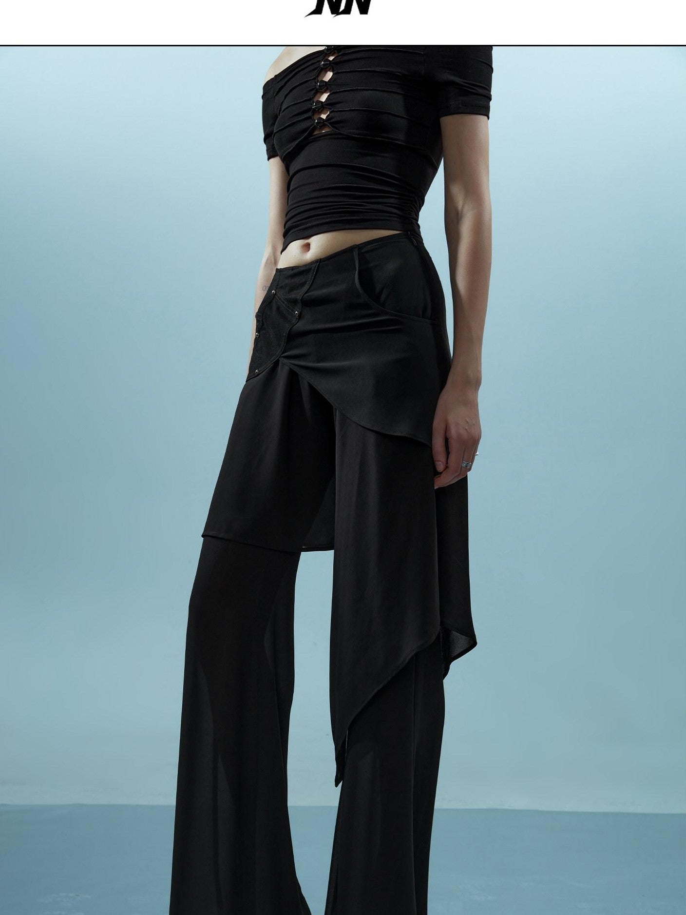 NORTH NODE Spliced Chiffon Hip Covering Slimming Pocket Micro Flare Women&