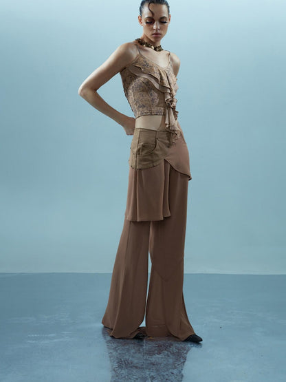 NORTH NODE Spliced Chiffon Hip Covering Slimming Pocket Micro Flare Women&