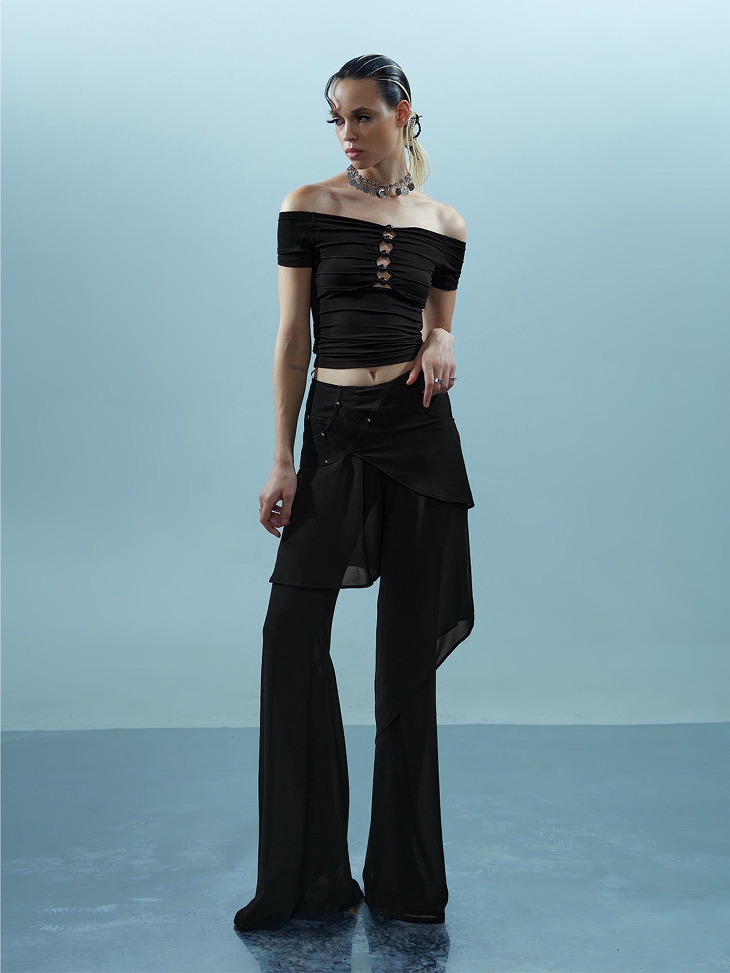 NORTH NODE Spliced Chiffon Hip Covering Slimming Pocket Micro Flare Women&