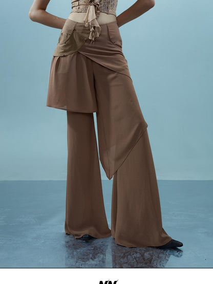 NORTH NODE Spliced Chiffon Hip Covering Slimming Pocket Micro Flare Women&