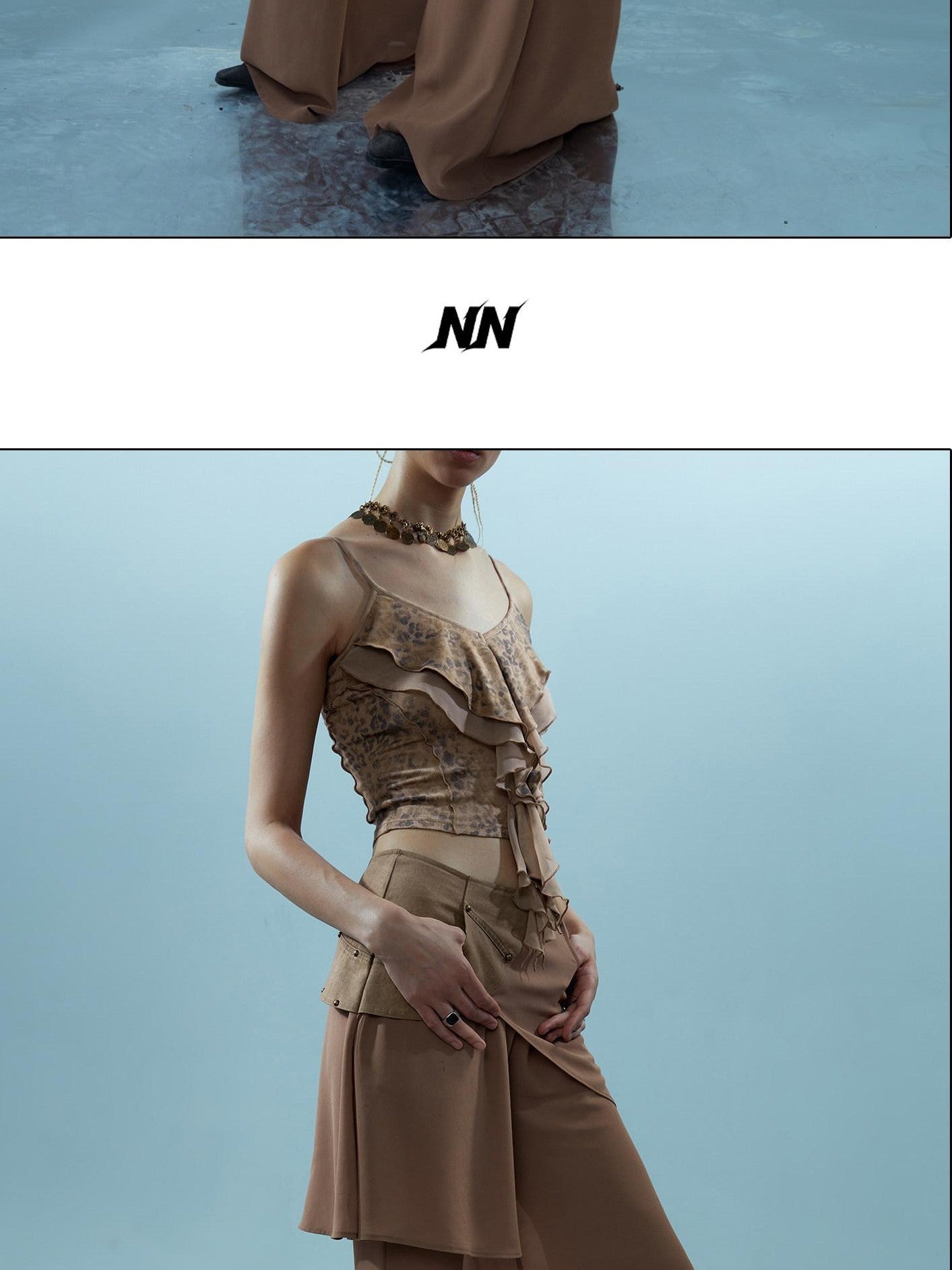 NORTH NODE Spliced Chiffon Hip Covering Slimming Pocket Micro Flare Women&