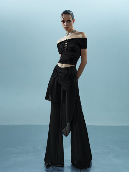 NORTH NODE Spliced Chiffon Hip Covering Slimming Pocket Micro Flare Women&