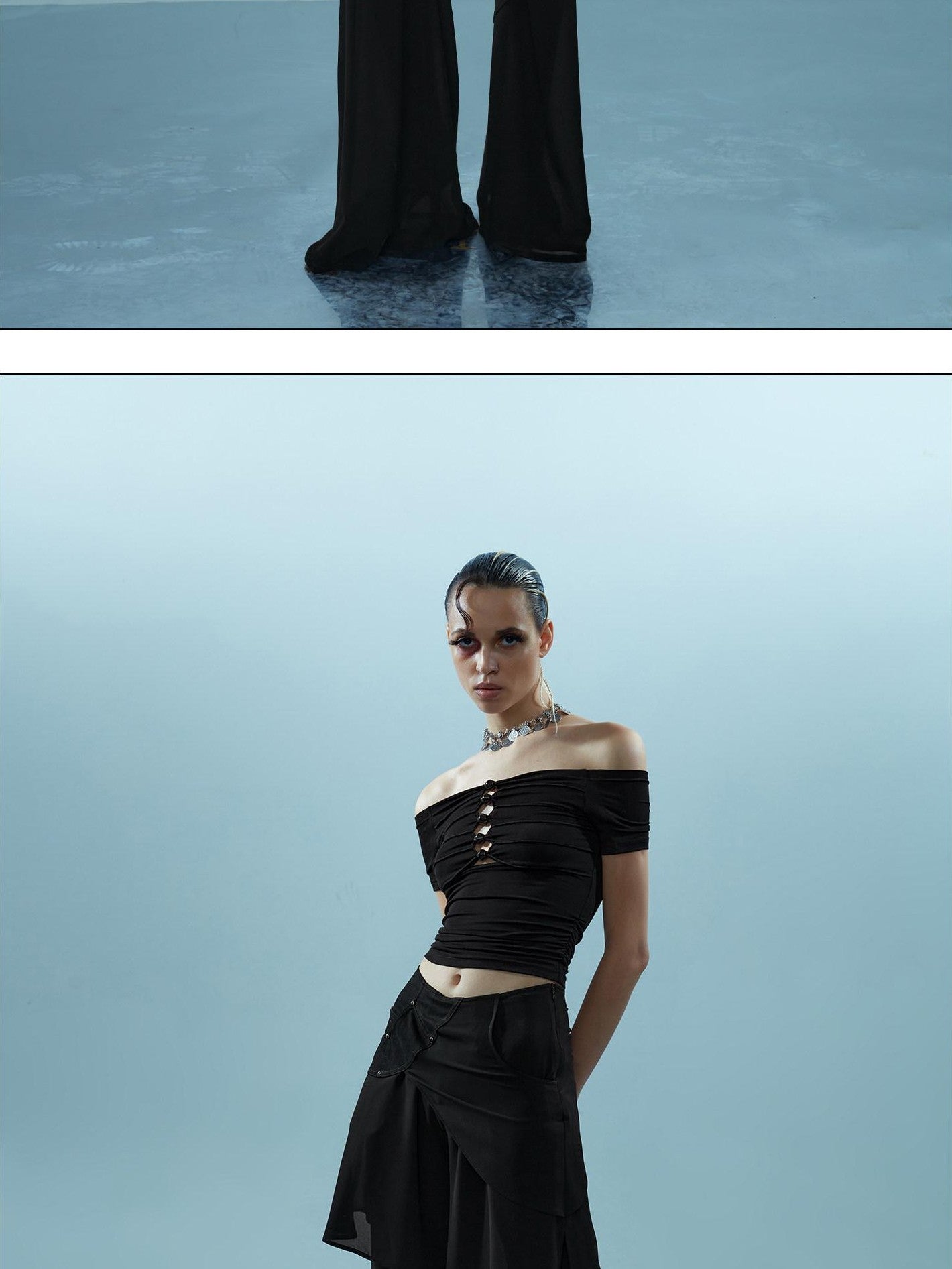 NORTH NODE Spliced Chiffon Hip Covering Slimming Pocket Micro Flare Women&