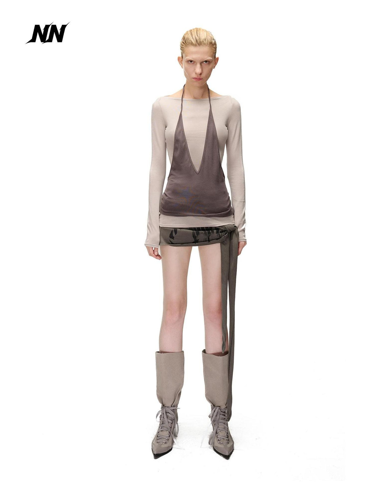 NORTH NODE Spliced Colorblock Halter One Shoulder Faux Women&
