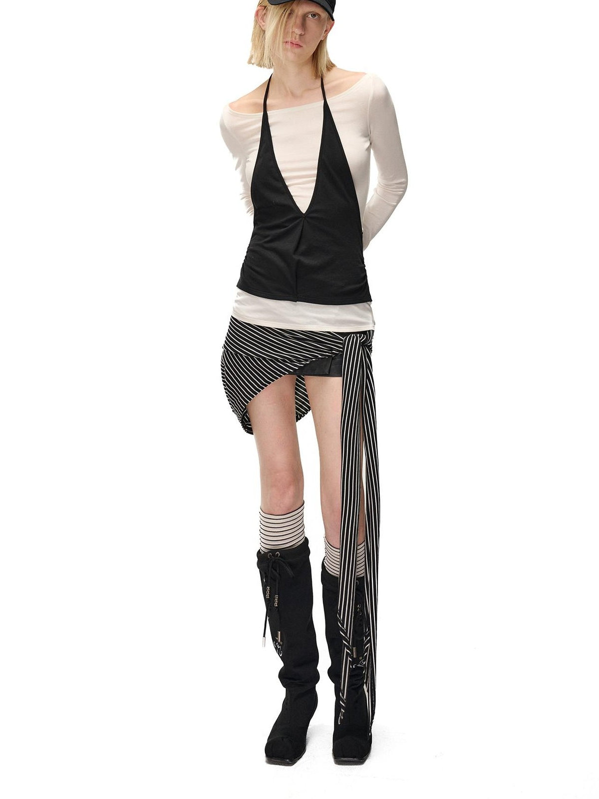 NORTH NODE Spliced Colorblock Halter One Shoulder Faux Women&