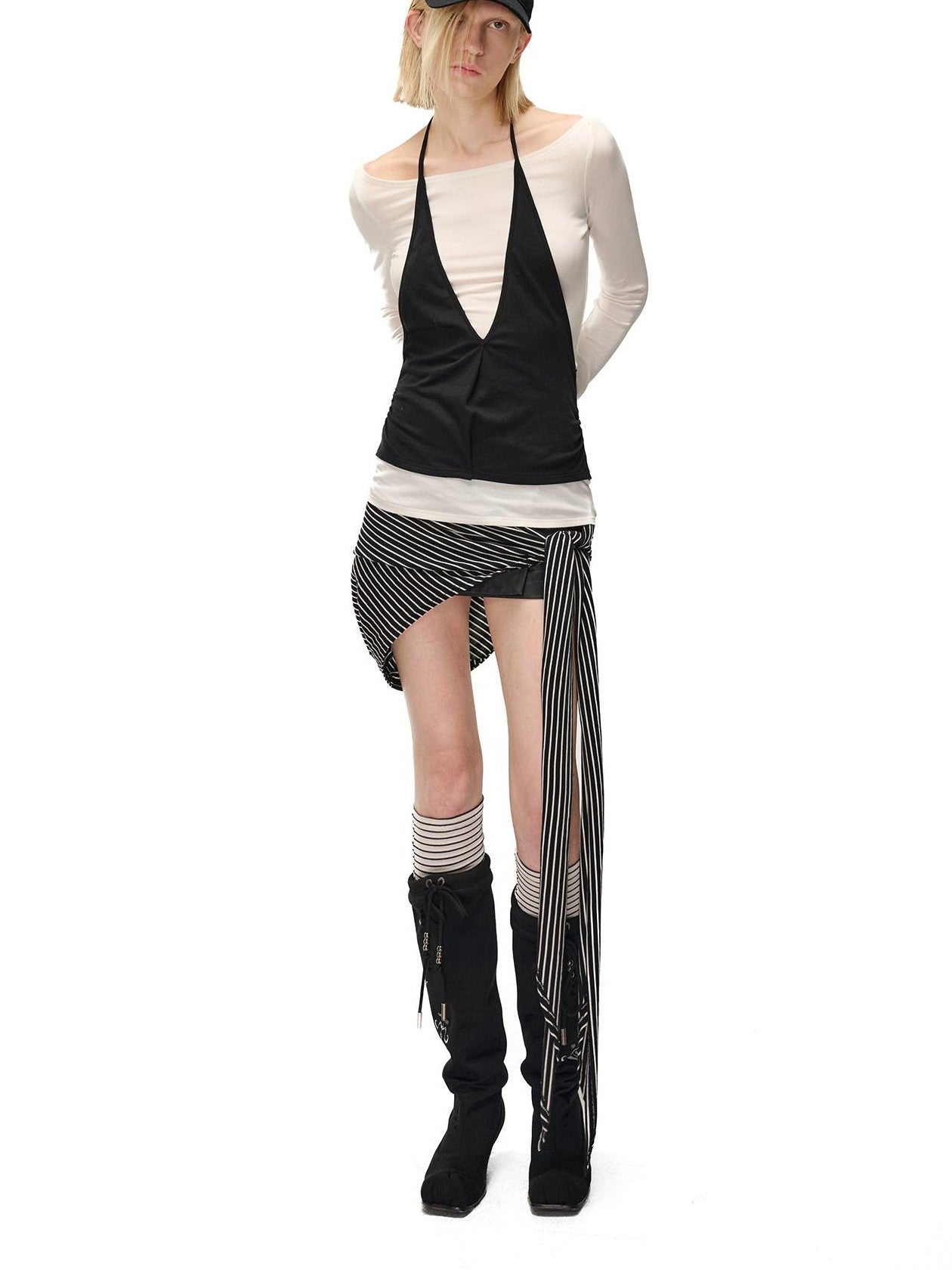 NORTH NODE Spliced Colorblock Halter One Shoulder Faux Women&