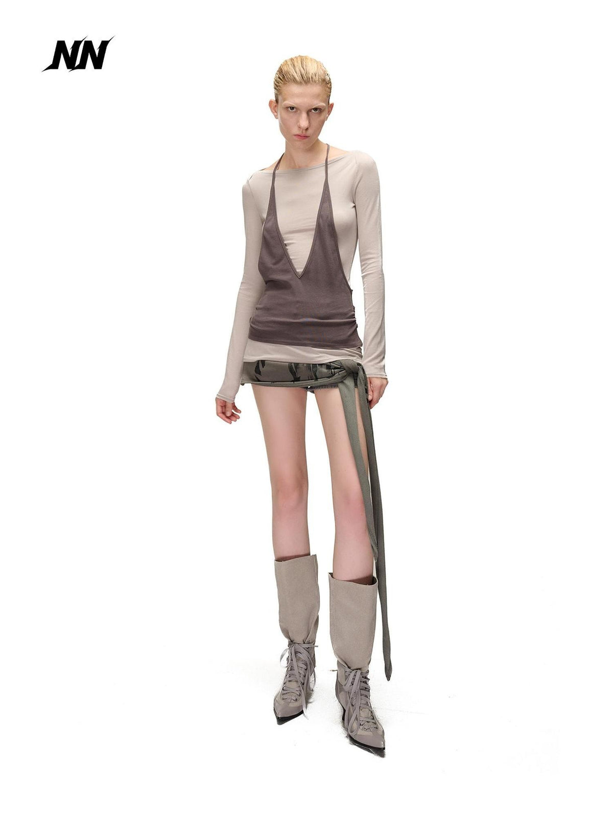NORTH NODE Spliced Colorblock Halter One Shoulder Faux Women&