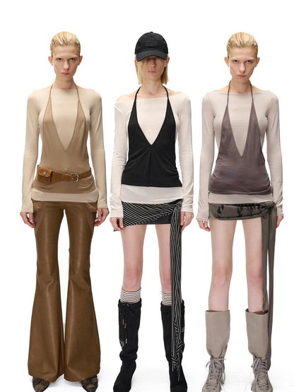 NORTH NODE Spliced Colorblock Halter One Shoulder Faux Women&