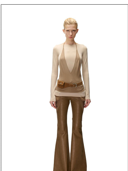 NORTH NODE Spliced Colorblock Halter One Shoulder Faux Women&