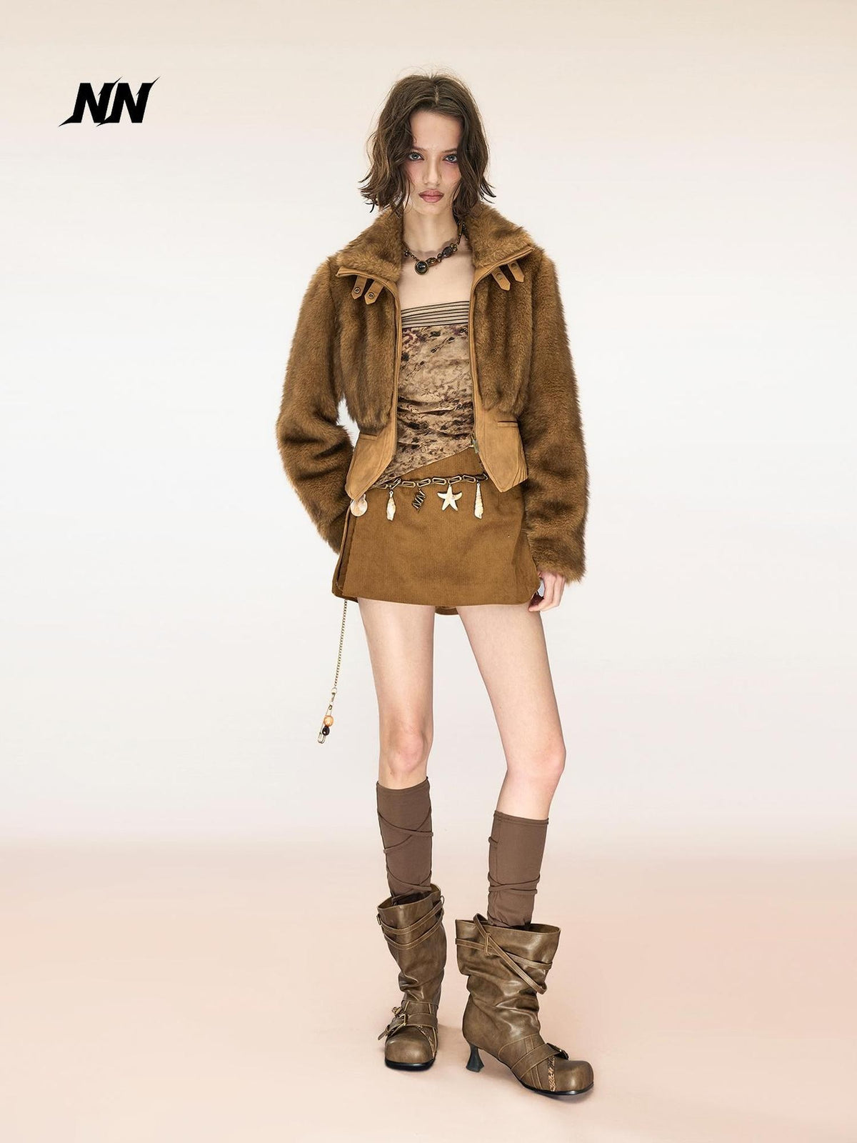 NORTH NODE Spliced Faux Fur Stand Collar Zip Up Punk Women&