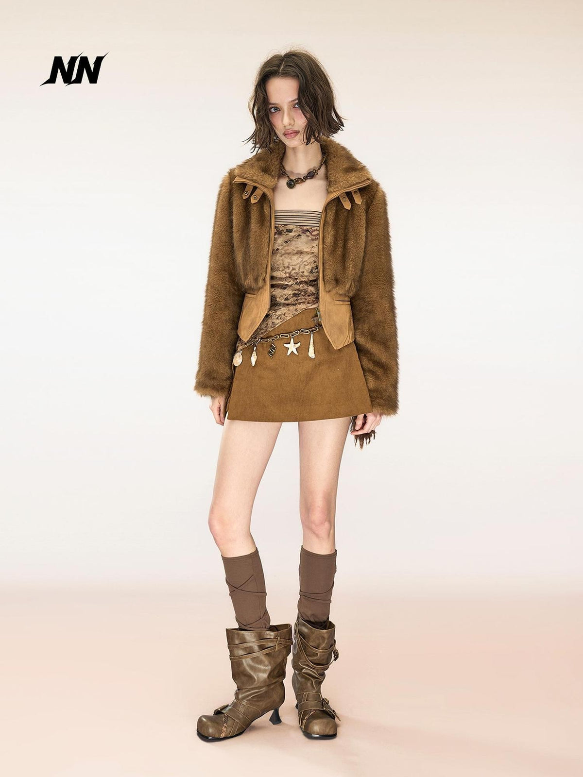 NORTH NODE Spliced Faux Fur Stand Collar Zip Up Punk Women&
