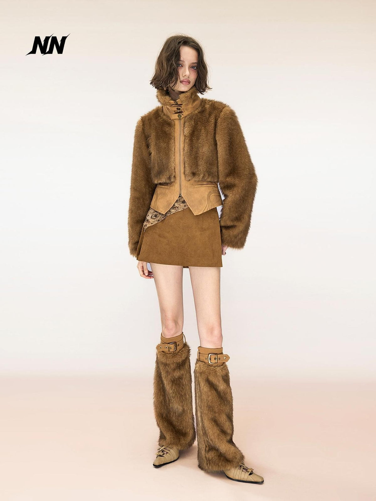 NORTH NODE Spliced Faux Fur Stand Collar Zip Up Punk Women&