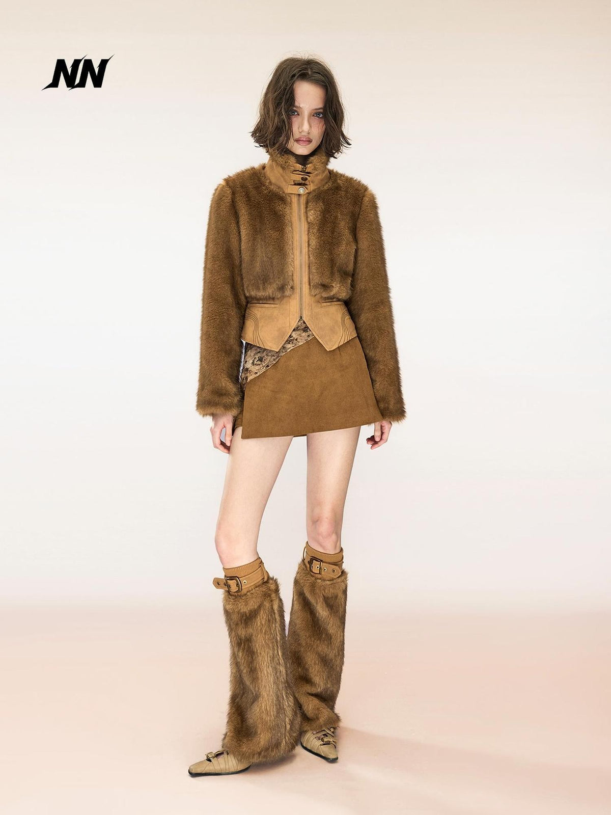 NORTH NODE Spliced Faux Fur Stand Collar Zip Up Punk Women&