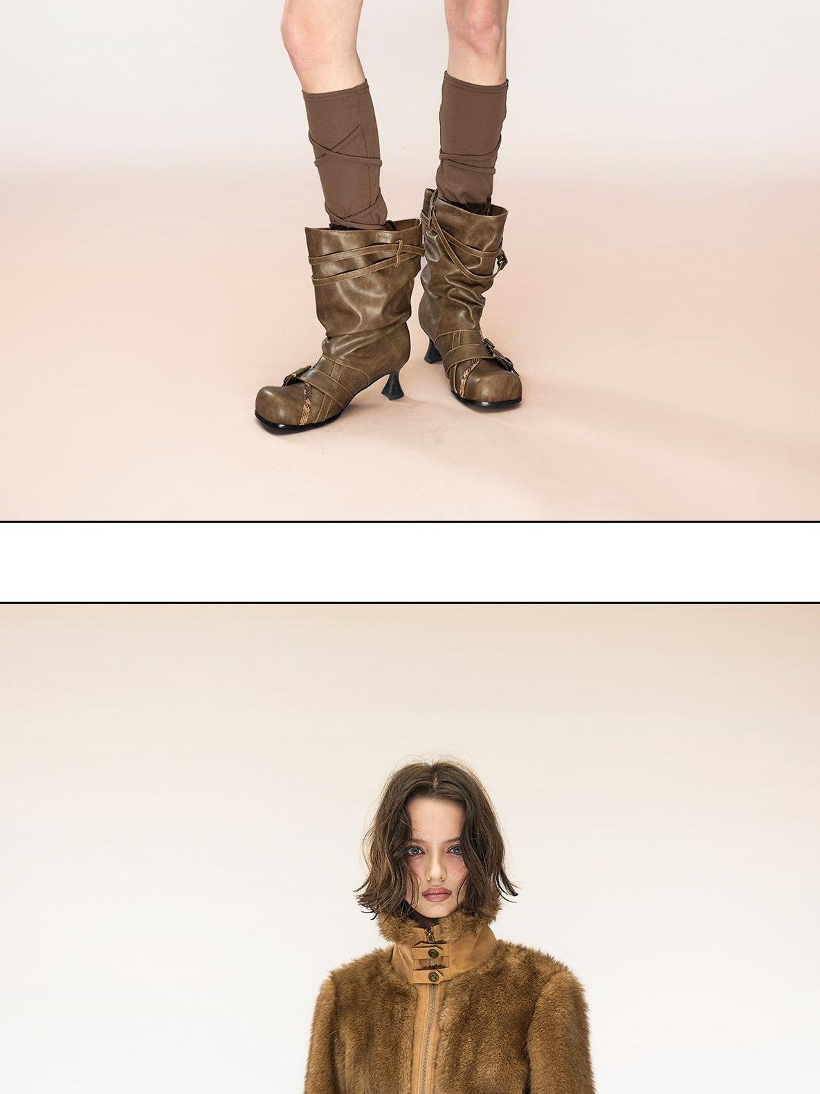 NORTH NODE Spliced Faux Fur Stand Collar Zip Up Punk Women&