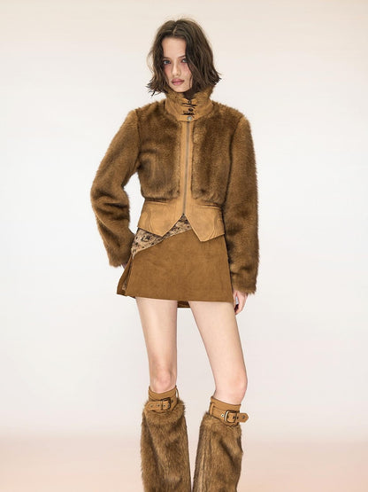 NORTH NODE Spliced Faux Fur Stand Collar Zip Up Punk Women&