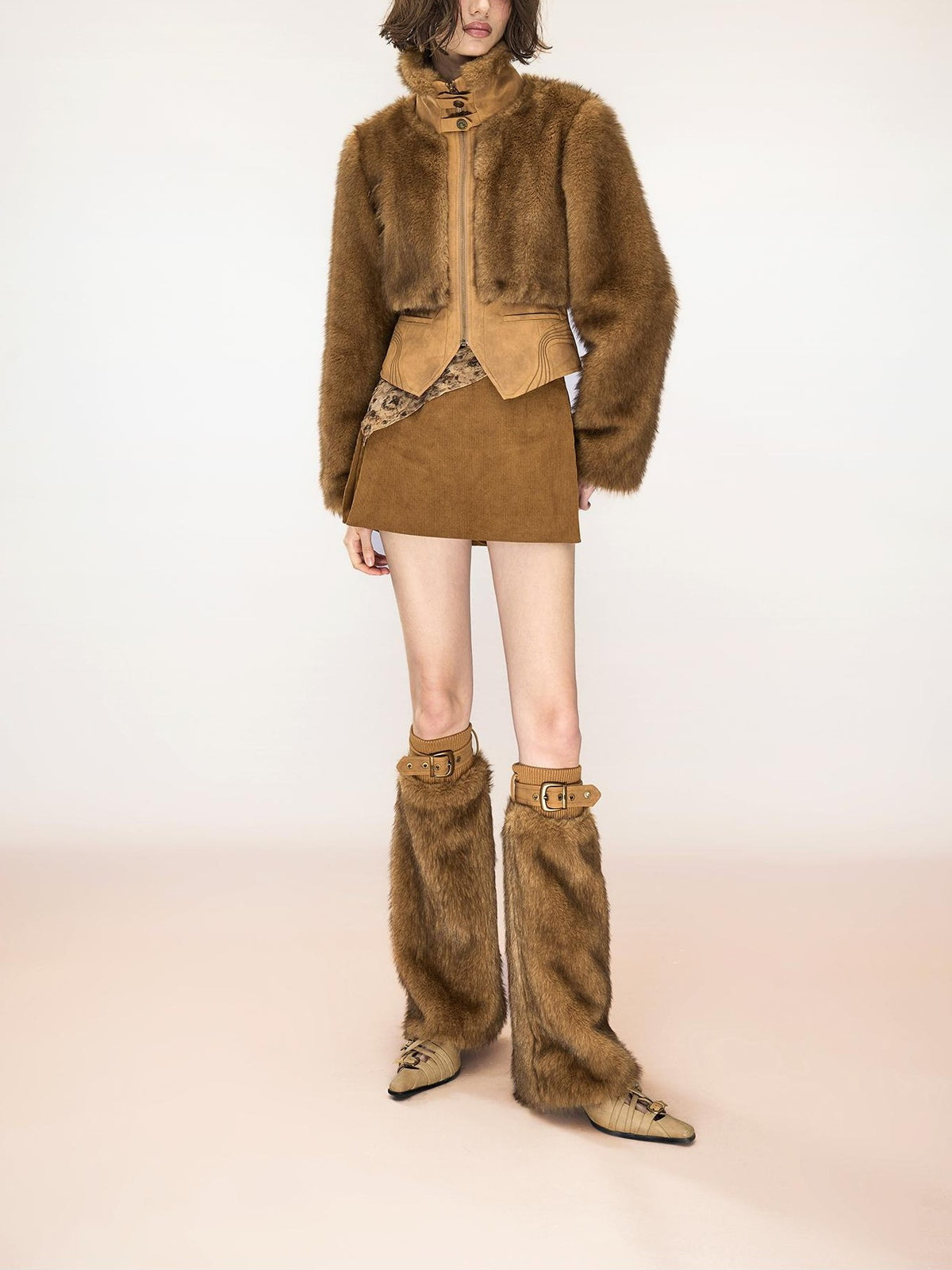 NORTH NODE Spliced Faux Fur Stand Collar Zip Up Punk Women&
