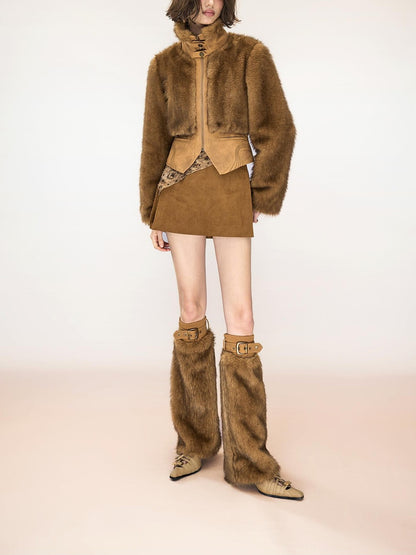 NORTH NODE Spliced Faux Fur Stand Collar Zip Up Punk Women&