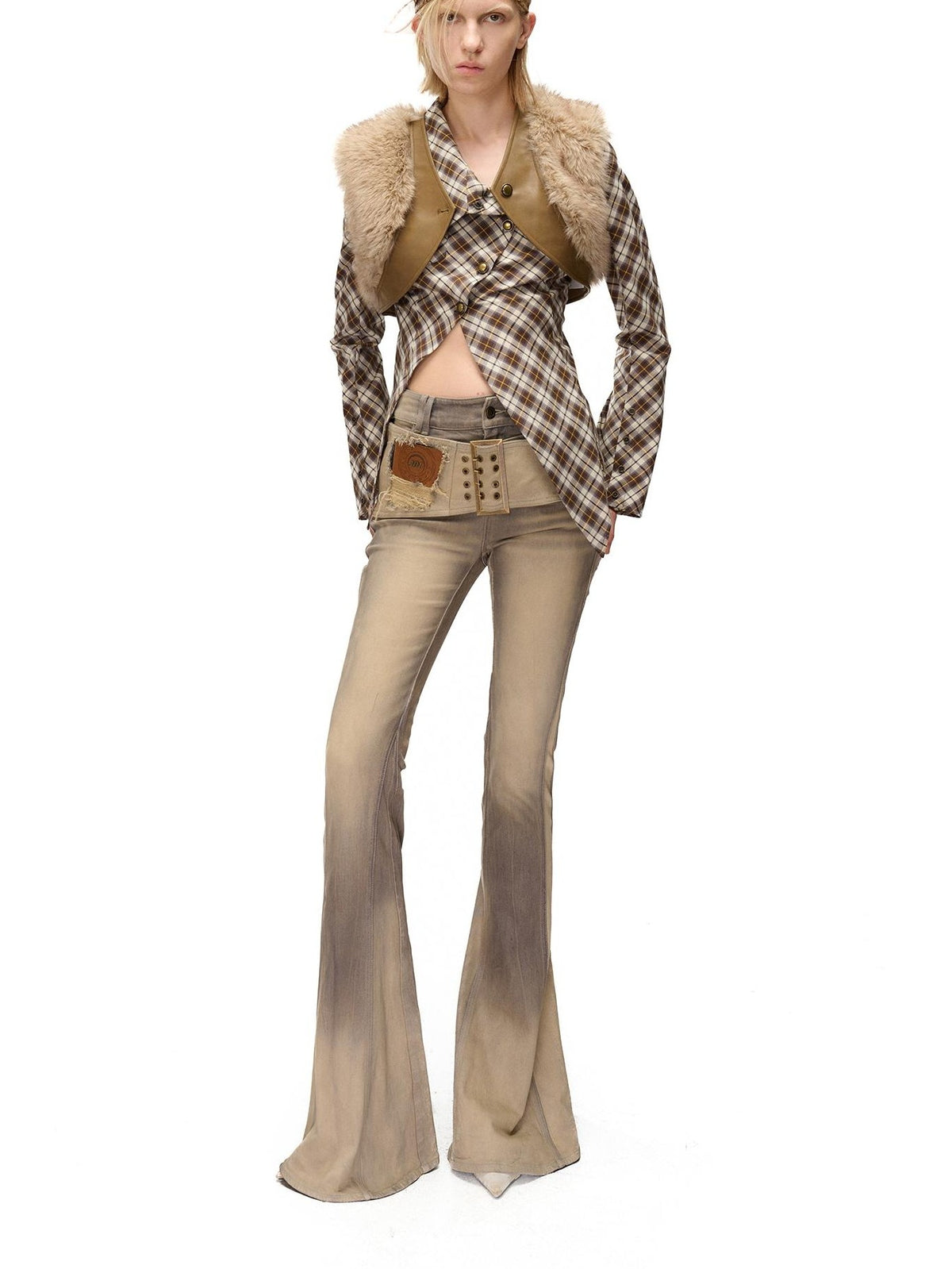 NORTH NODE Spliced Fuzzy Ultra Short Loose V-neck Women&