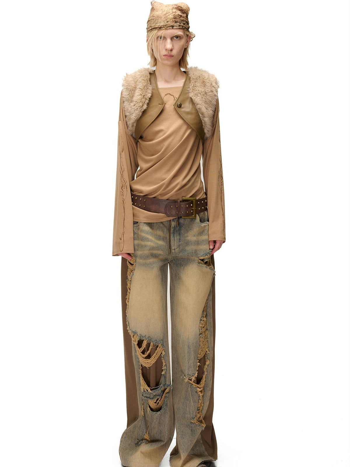 NORTH NODE Spliced Fuzzy Ultra Short Loose V-neck Women&