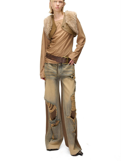 NORTH NODE Spliced Fuzzy Ultra Short Loose V-neck Women&