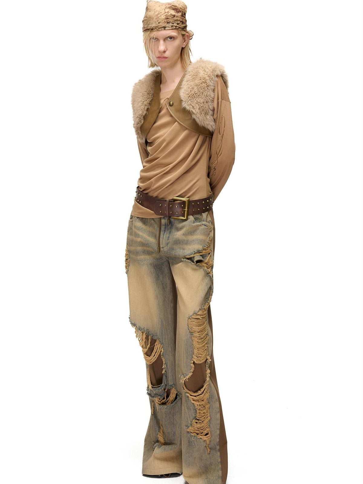 NORTH NODE Spliced Fuzzy Ultra Short Loose V-neck Women&