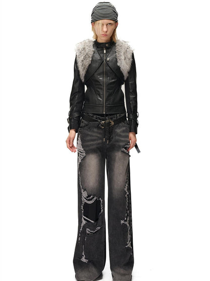 NORTH NODE Spliced Fuzzy Ultra Short Loose V-neck Women&