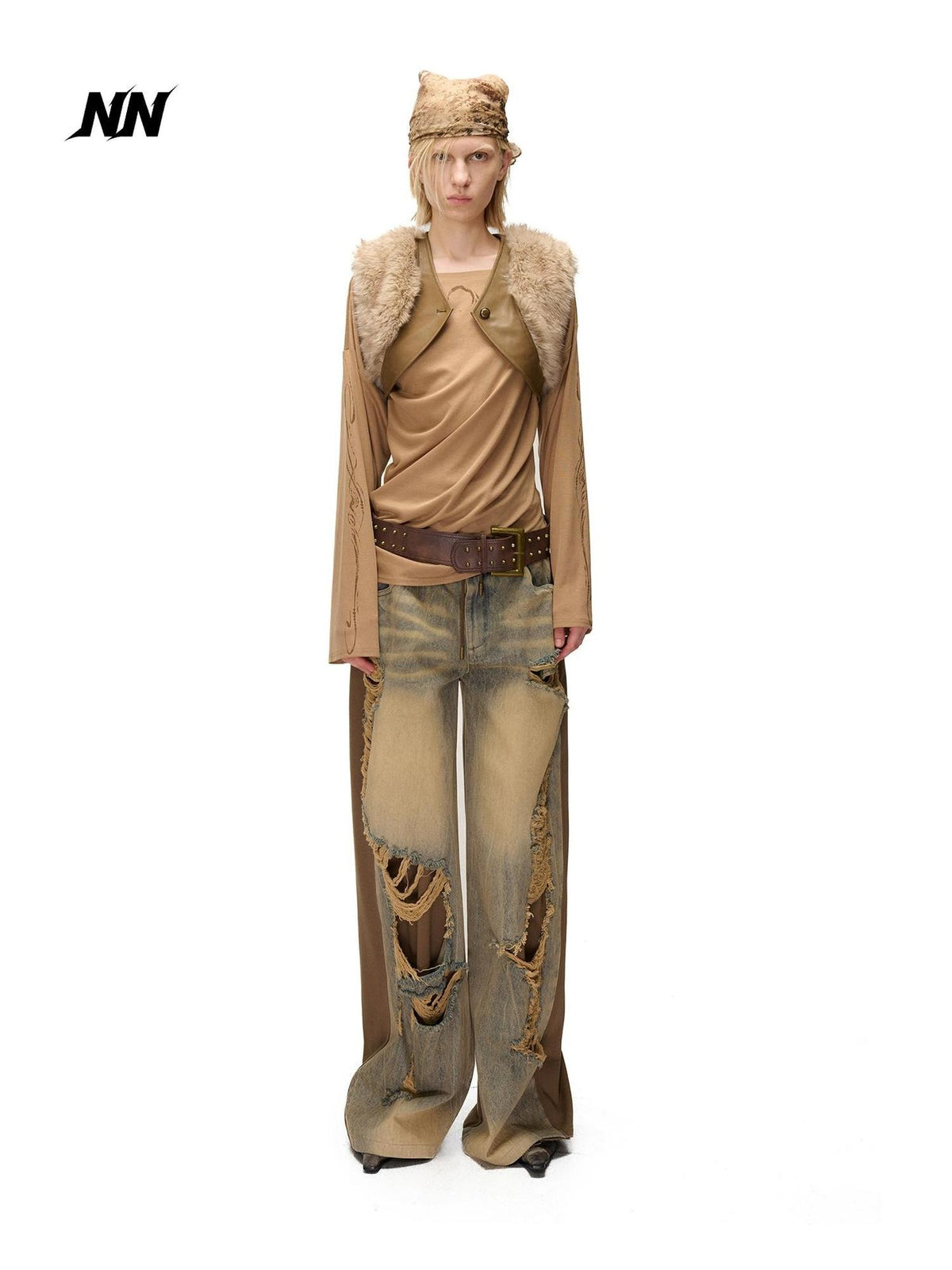 NORTH NODE Spliced Fuzzy Ultra Short Loose V-neck Women&