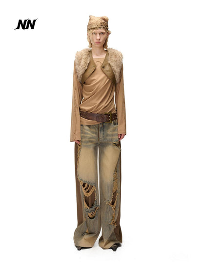 NORTH NODE Spliced Fuzzy Ultra Short Loose V-neck Women&