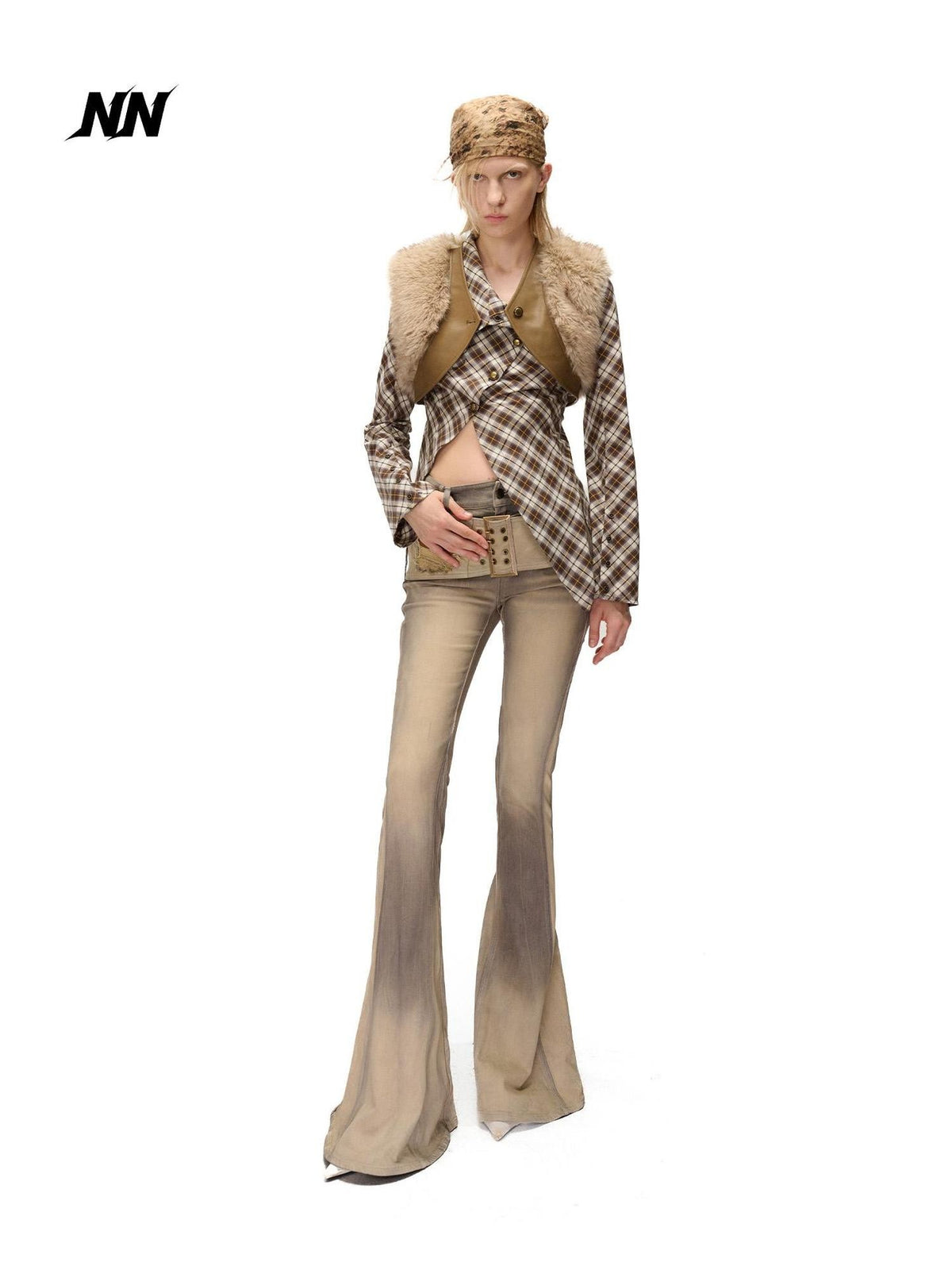 NORTH NODE Spliced Fuzzy Ultra Short Loose V-neck Women&
