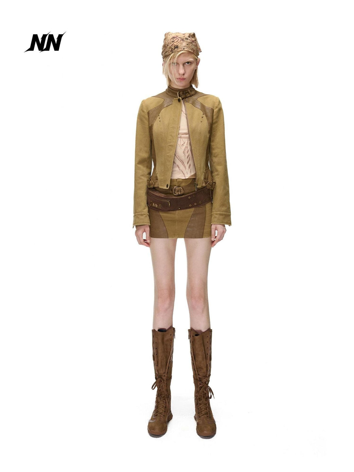 NORTH NODE Spliced Stand Collar Slim Fit Cotton Women&