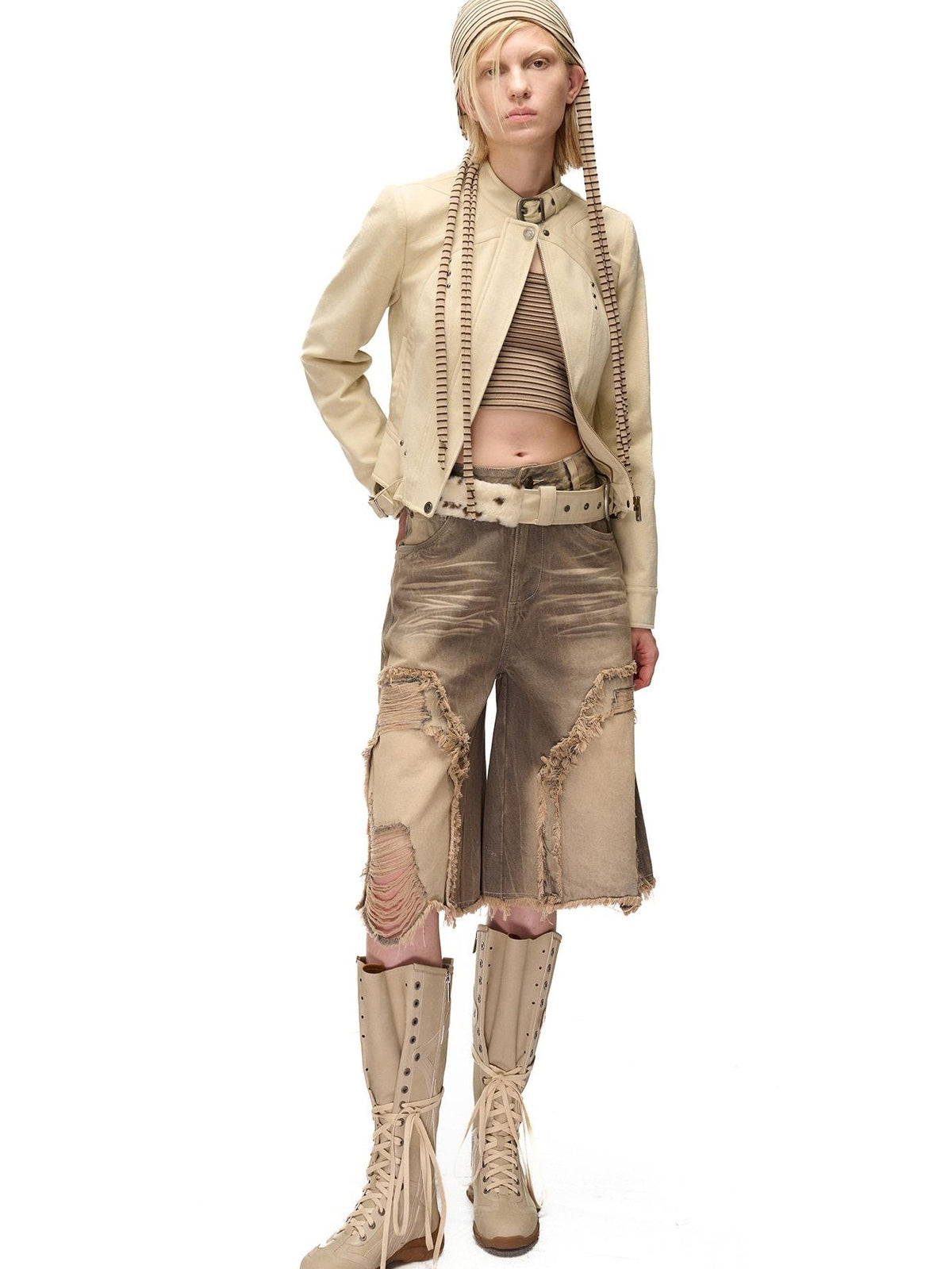 NORTH NODE Spliced Stand Collar Slim Fit Cotton Women&