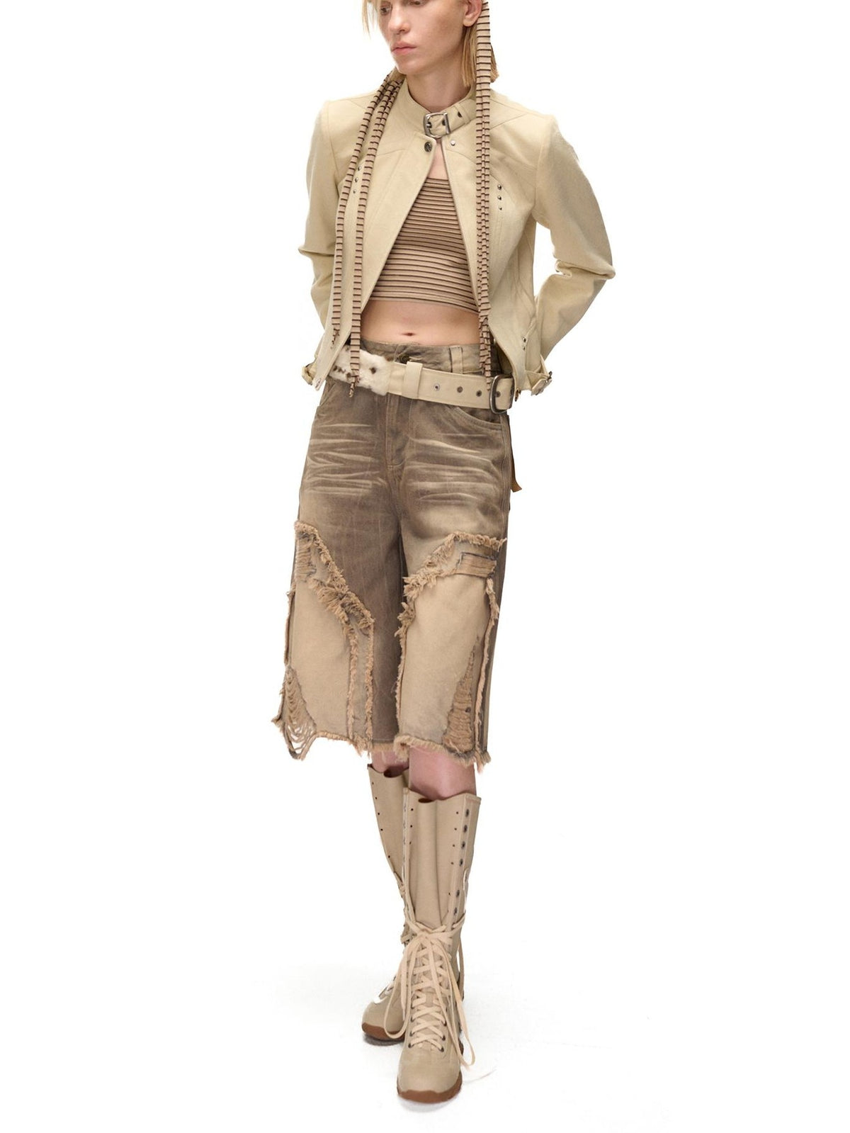 NORTH NODE Spliced Stand Collar Slim Fit Cotton Women&