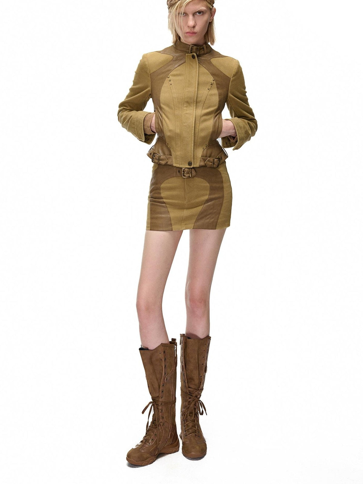 NORTH NODE Spliced Stand Collar Slim Fit Cotton Women&