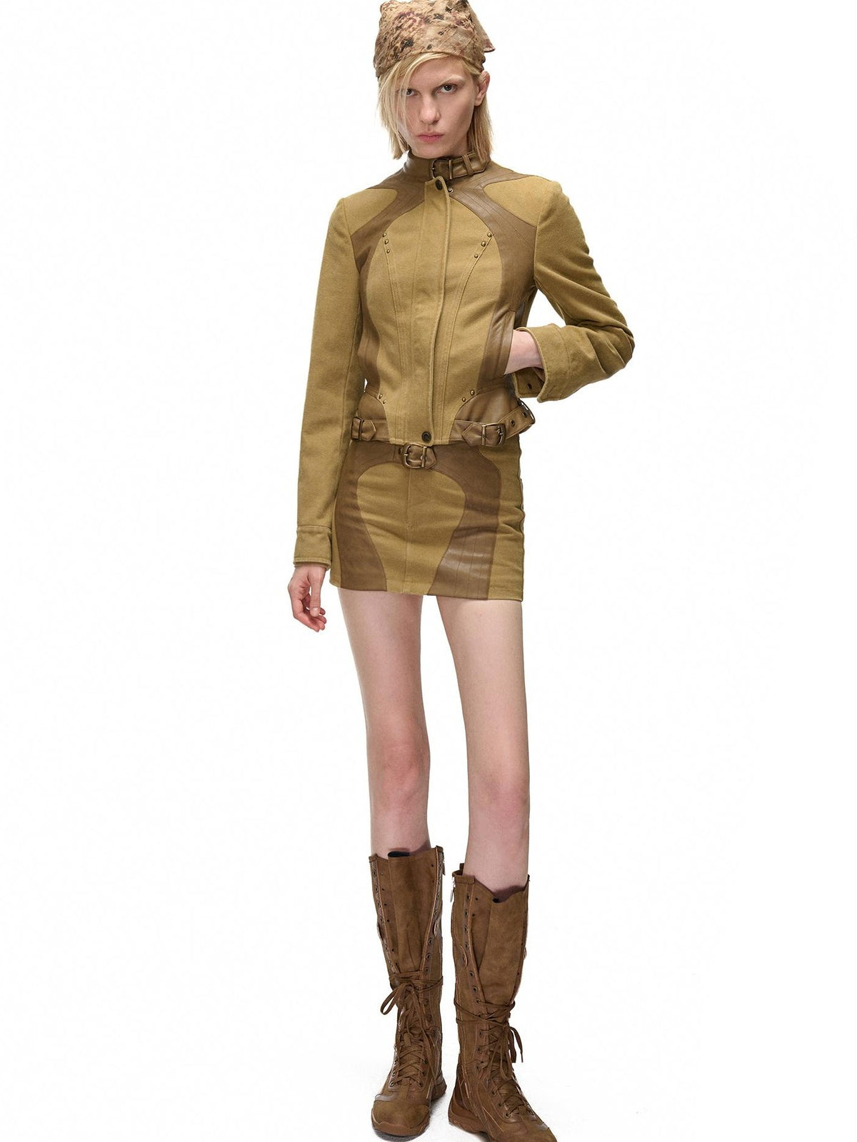 NORTH NODE Spliced Stand Collar Slim Fit Cotton Women&