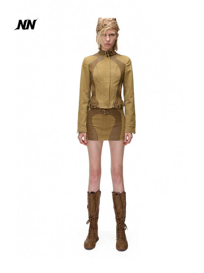 NORTH NODE Spliced Stand Collar Slim Fit Cotton Women&