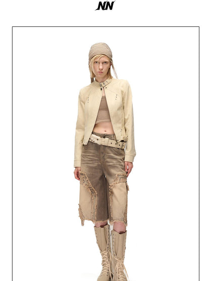NORTH NODE Spliced Stand Collar Slim Fit Cotton Women&