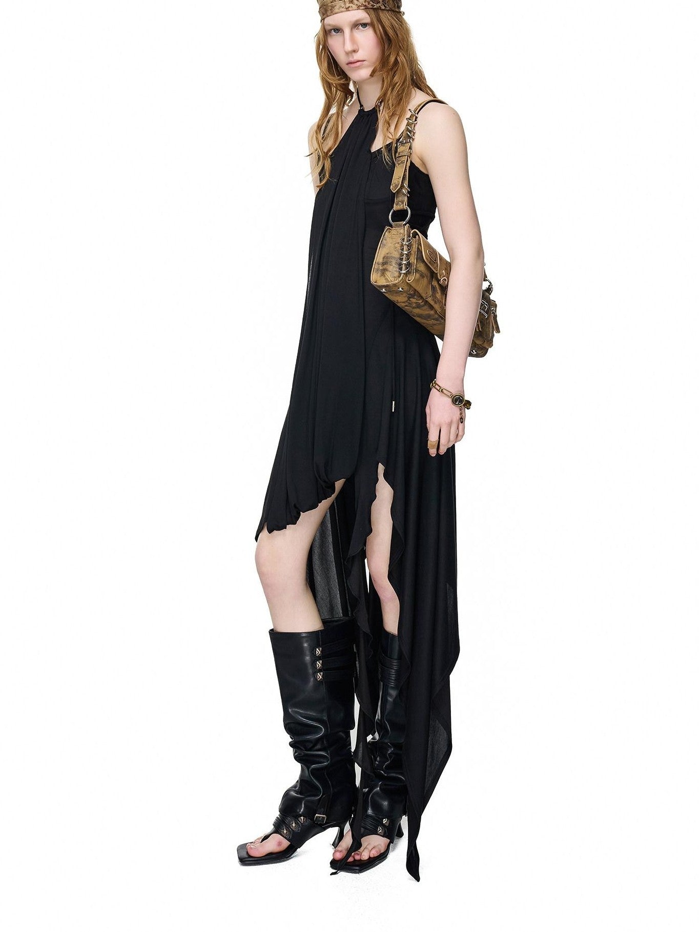 NORTH NODE Starburst Patchwork Halter Asymmetric Ruffle Women&