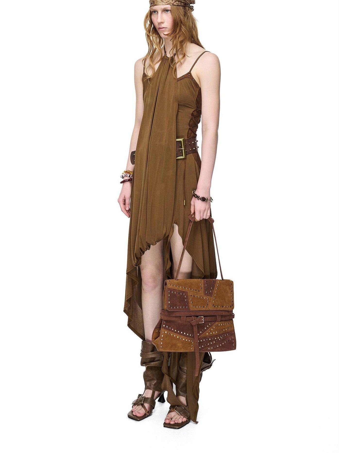 NORTH NODE Starburst Patchwork Halter Asymmetric Ruffle Women&