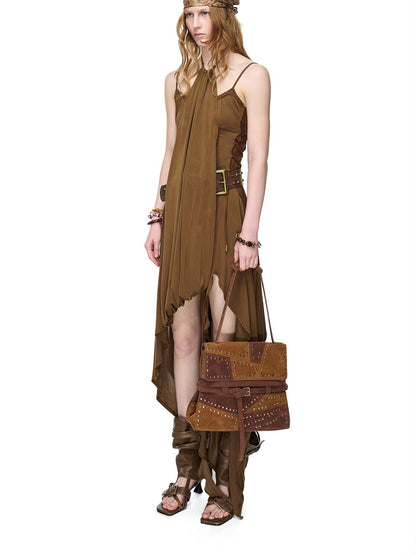 NORTH NODE Starburst Patchwork Halter Asymmetric Ruffle Women&