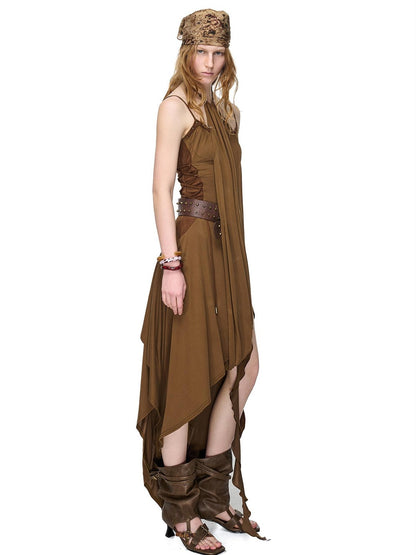 NORTH NODE Starburst Patchwork Halter Asymmetric Ruffle Women&