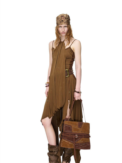NORTH NODE Starburst Patchwork Halter Asymmetric Ruffle Women&