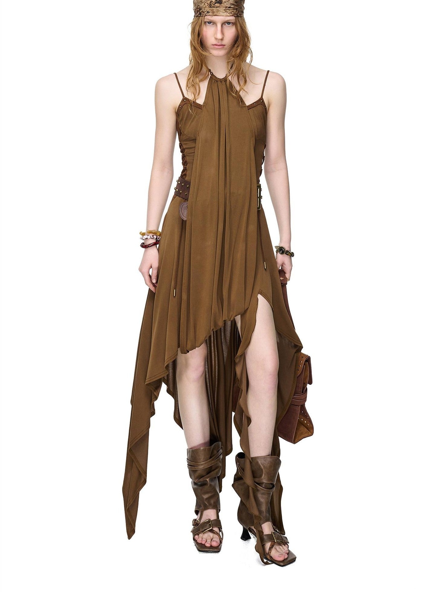 NORTH NODE Starburst Patchwork Halter Asymmetric Ruffle Women&